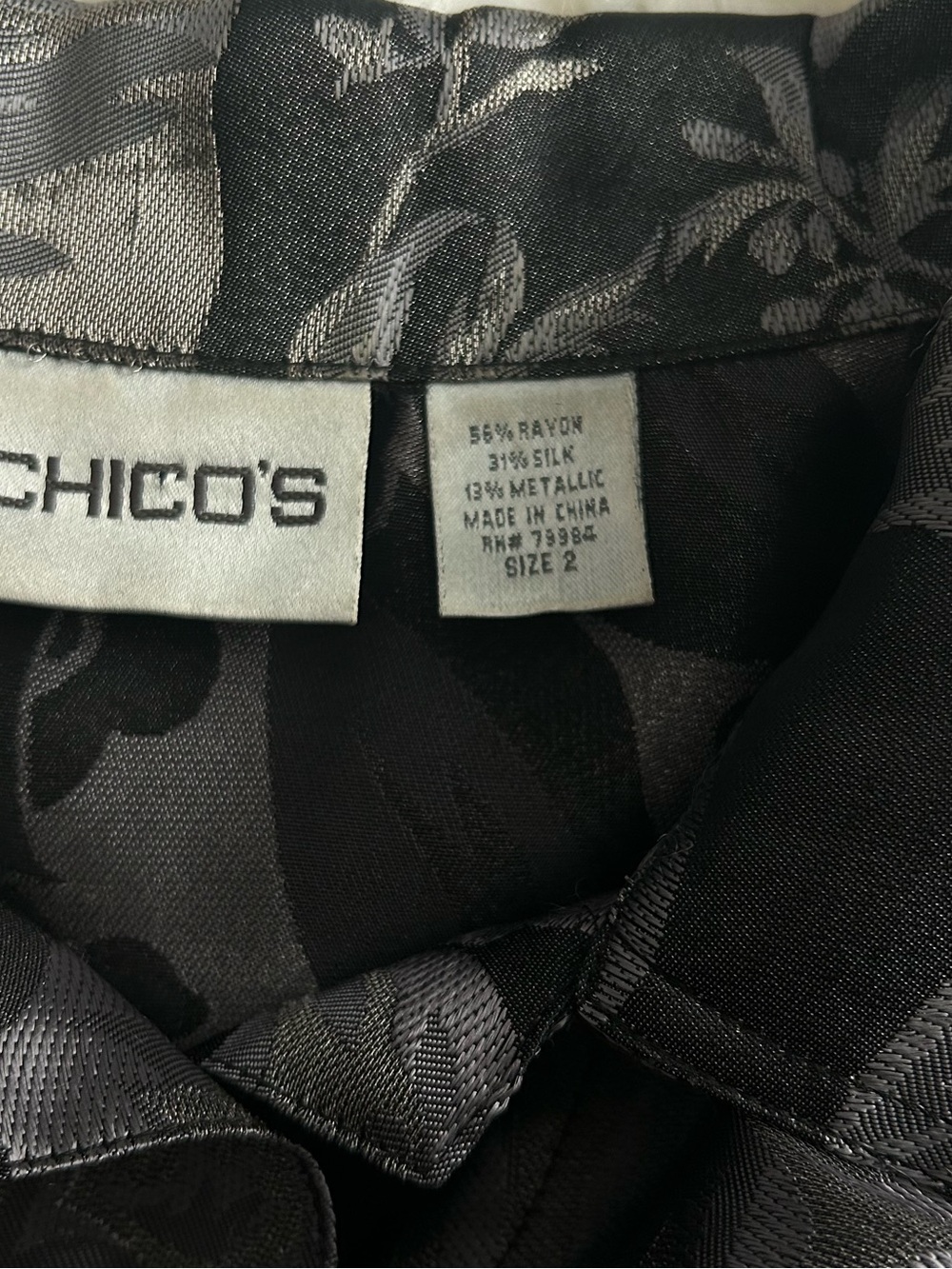 Chico's silk blend Metallic Floral-Print Button Front Jacket in Silver and Black - Picture 7 of 7